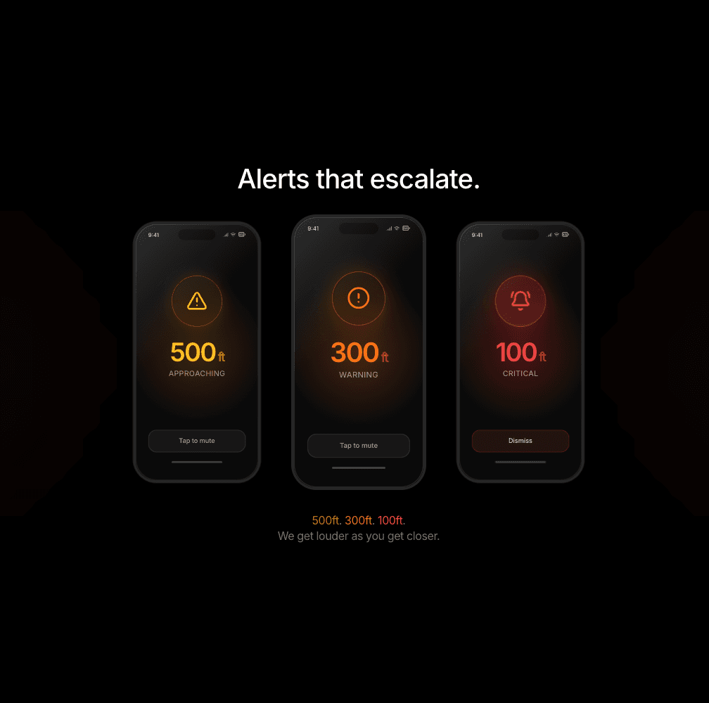 VEER alert progression showing 500ft, 300ft, and 100ft warnings